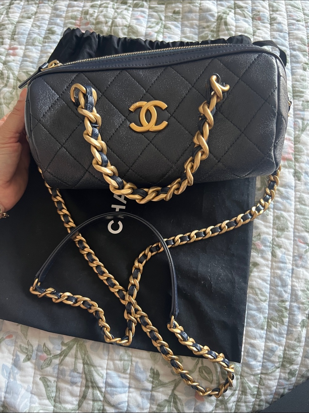 CHANEL Fashion Therapy Navy Quilted Leather Crossbody Bowling Bag